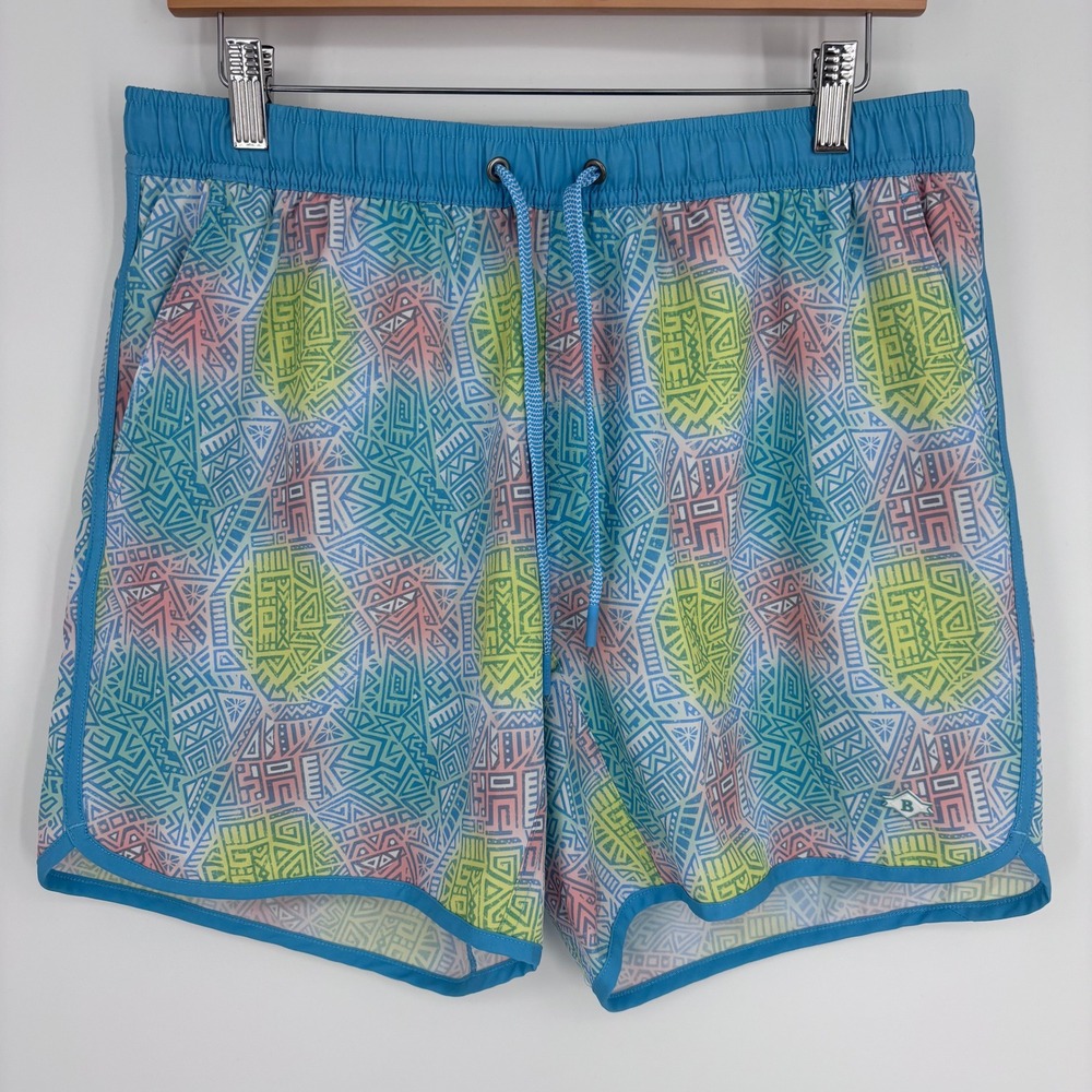Burlebo Swim Trunks Mens Medium Blue Geometric Tribal Print 4-Way Stretch Shorts